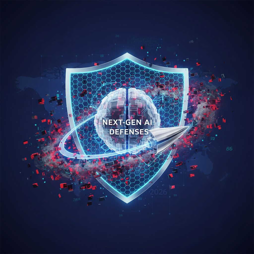 Futuristic digital interface showing glowing AI brain protecting network data, with abstract security shields and complex data streams.