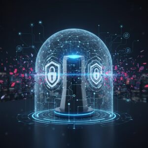 A sleek, modern smart home interior with advanced AI security cameras subtly integrated, displaying a holographic interface showing motion detection and facial recognition data.