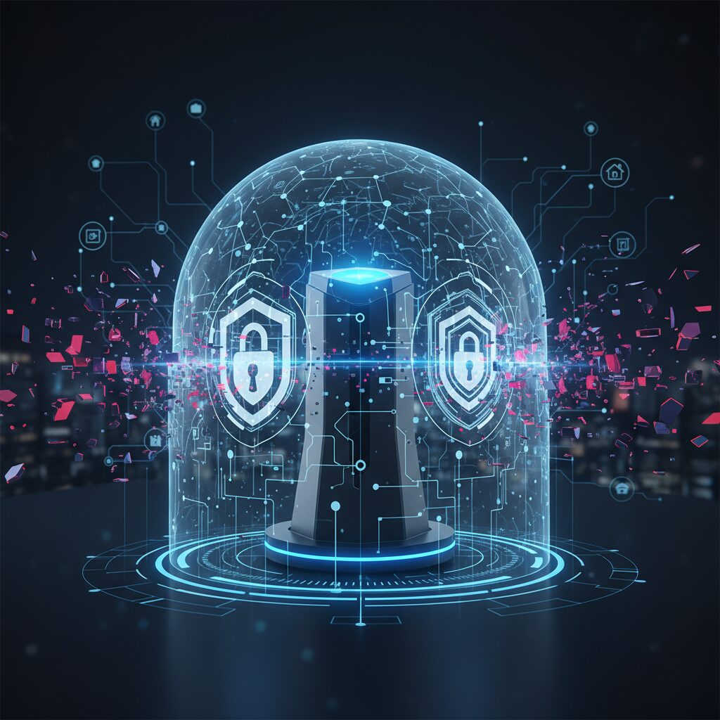 A sleek, modern smart home interior with advanced AI security cameras subtly integrated, displaying a holographic interface showing motion detection and facial recognition data.