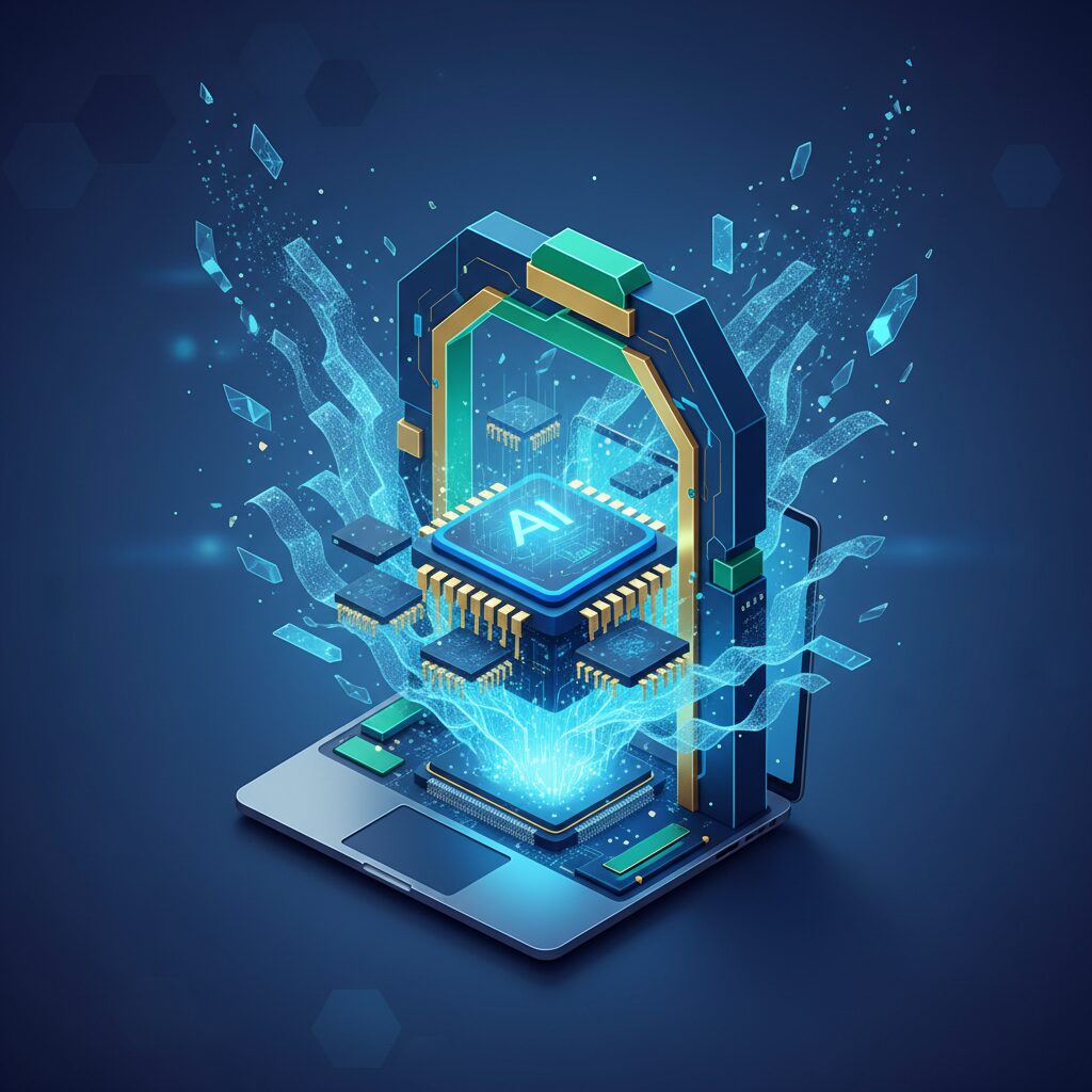 Sleek, futuristic laptop with a glowing circuit board overlay, representing advanced AI processing power. A user's hands are lightly placed on the keyboard.