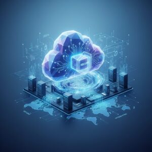 A futuristic data center with glowing blue and purple data streams, representing advanced cloud storage infrastructure and secure network connections for 2026.