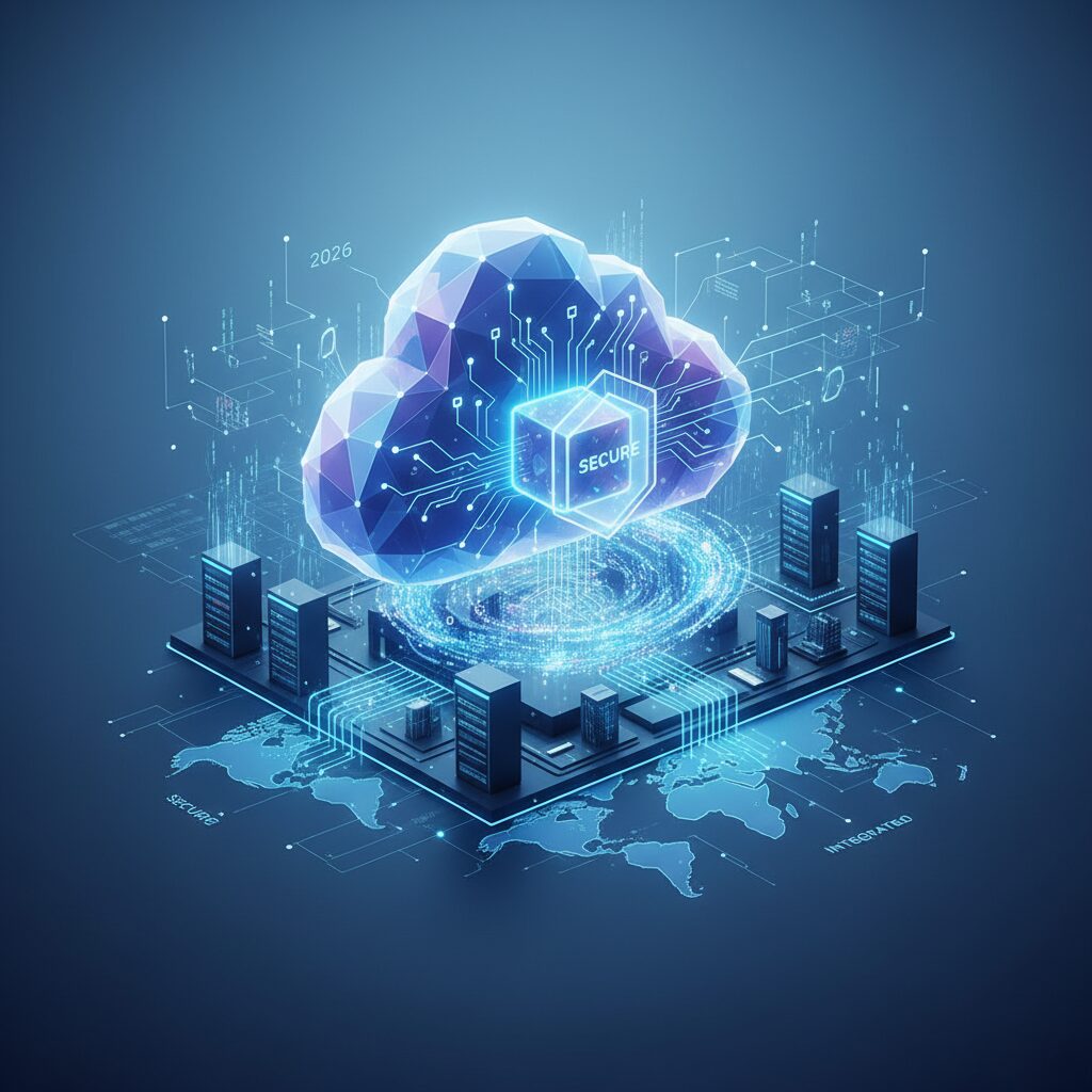 A futuristic data center with glowing blue and purple data streams, representing advanced cloud storage infrastructure and secure network connections for 2026.