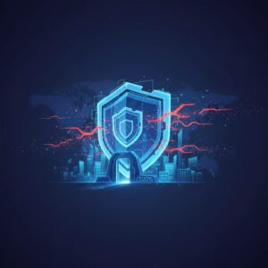 A glowing shield icon protecting abstract digital data streams and network connections, symbolizing next-gen firewall security in a futuristic setting.