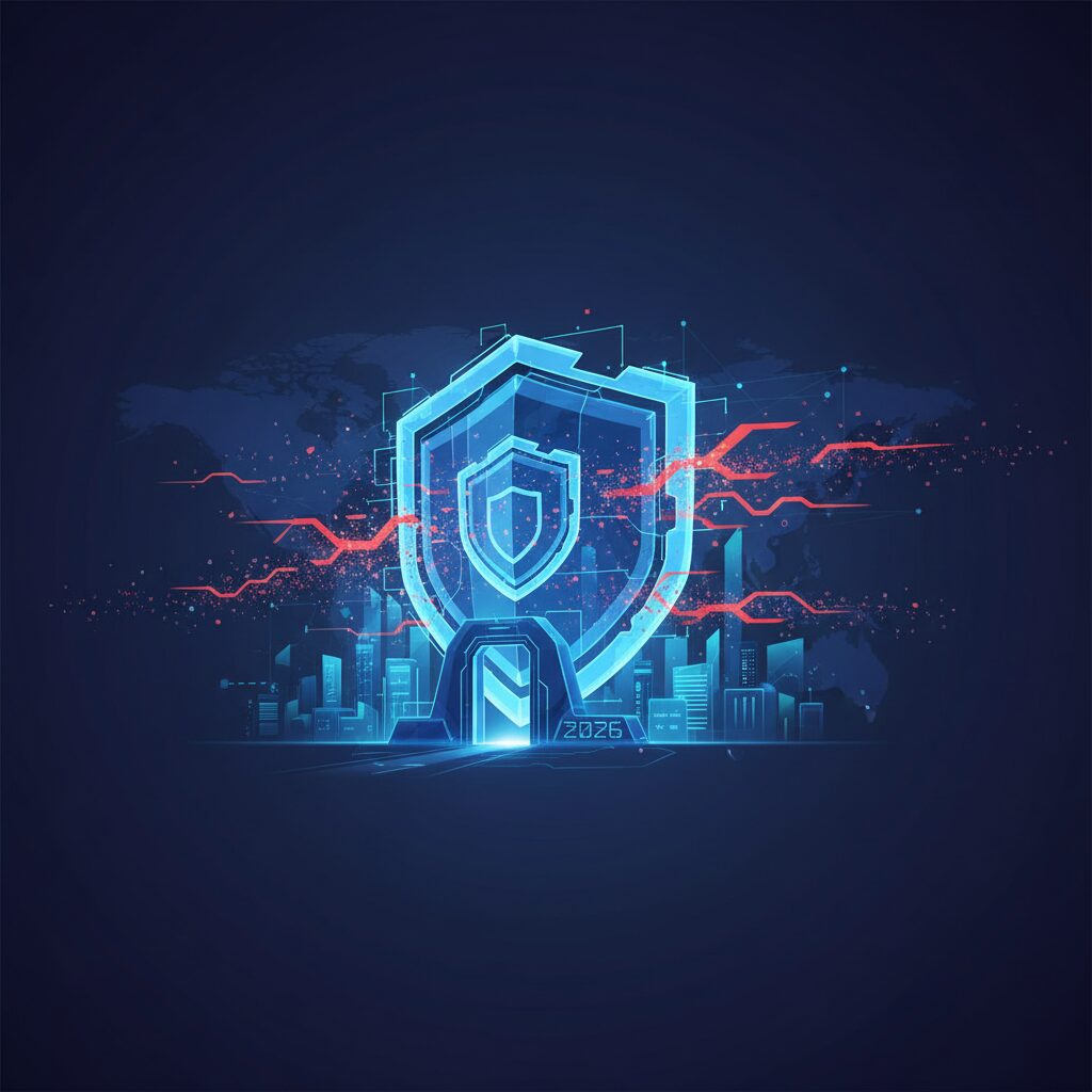 A glowing shield icon protecting abstract digital data streams and network connections, symbolizing next-gen firewall security in a futuristic setting.