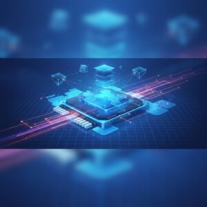 Advanced solid-state drive (SSD) module featuring intricate circuitry and subtle futuristic glowing elements. It rests on a clean, reflective surface.