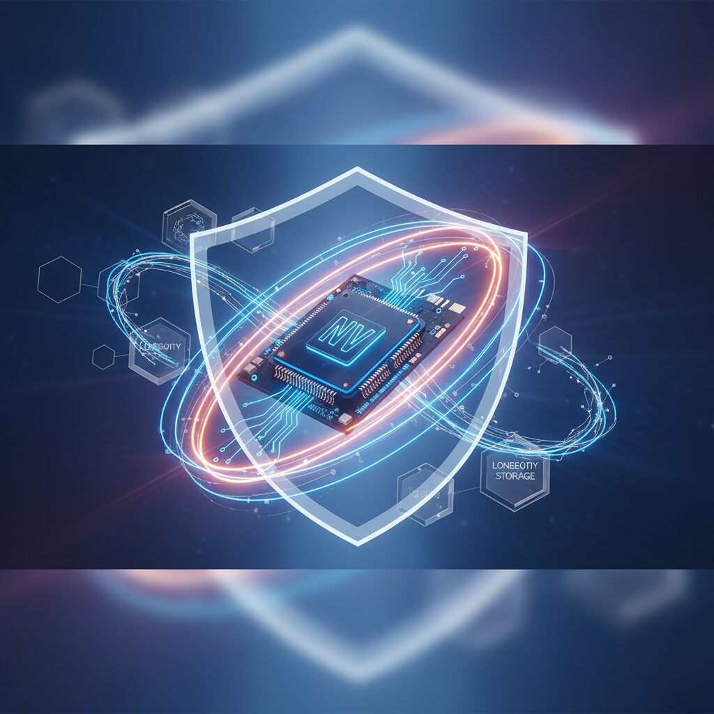 A sleek, futuristic solid-state drive (SSD) unit glowing with blue light, positioned on a circuit board with blurred data streams in the background, symbolizing speed and advanced technology.