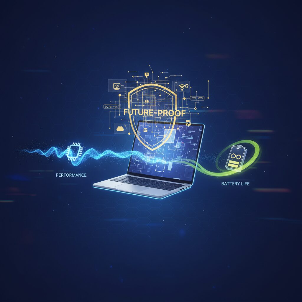 A sleek, futuristic ultrabook glowing with digital energy on a minimalist desk, surrounded by abstract graphics representing high performance and long battery life.