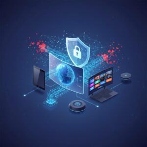 Abstract digital network shield protecting glowing data streams on a futuristic interface, representing advanced VPN security.