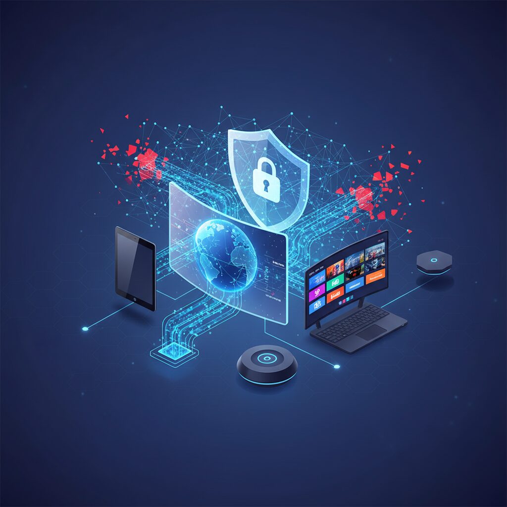 Abstract digital network shield protecting glowing data streams on a futuristic interface, representing advanced VPN security.