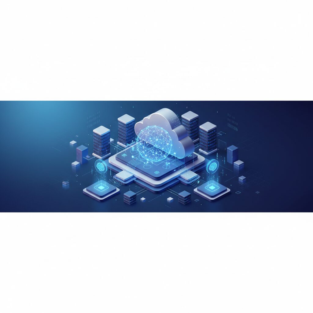Abstract visualization of AI models deploying across a global cloud network. Glowing data streams connect server racks with holographic projections, symbolizing optimized future tech.