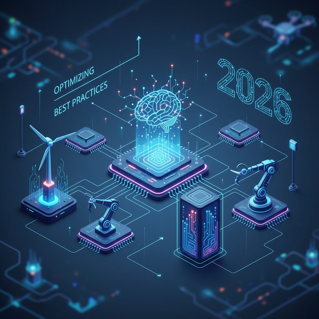 A network of interconnected devices with glowing data lines converging on an optimized edge AI processing unit, illustrating efficient, real-time data flow.
