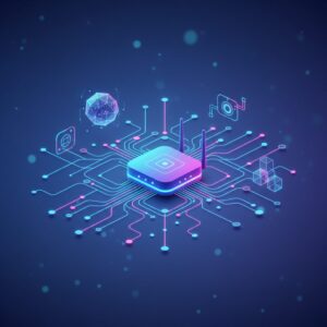 A sleek, modern home environment with various AI-powered smart devices seamlessly integrated into a visible, futuristic network interface, glowing data streams connecting them. A tablet displays network health.