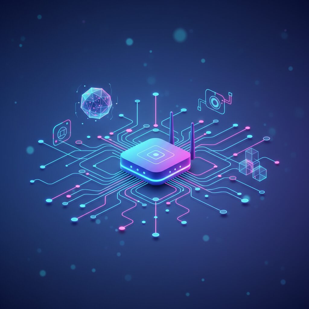 A sleek, modern home environment with various AI-powered smart devices seamlessly integrated into a visible, futuristic network interface, glowing data streams connecting them. A tablet displays network health.