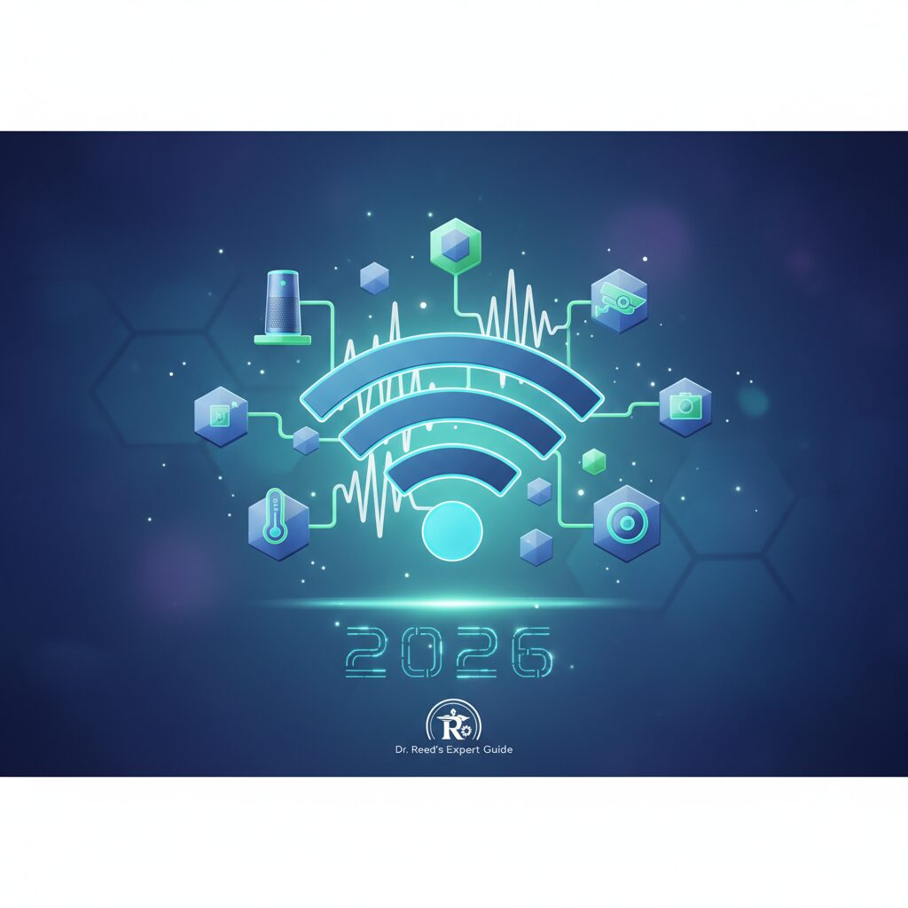 Modern smart home living room with a sleek Wi-Fi 7 router central, connecting various smart devices efficiently. Subtle glowing lines represent fast data flow.