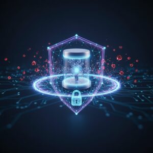 Abstract digital representation of secure data pathways protected by complex cryptographic algorithms, featuring futuristic quantum elements and connections.