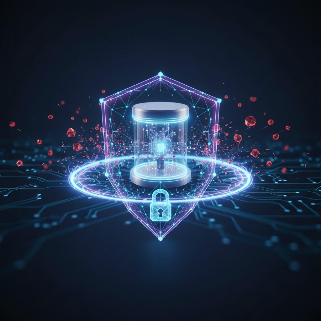 Abstract digital representation of secure data pathways protected by complex cryptographic algorithms, featuring futuristic quantum elements and connections.