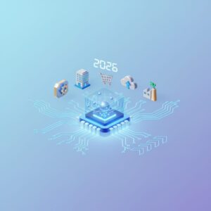 Abstract quantum processor in a modern office, glowing lines connecting to a tablet displaying business analytics, representing innovation for SMBs.