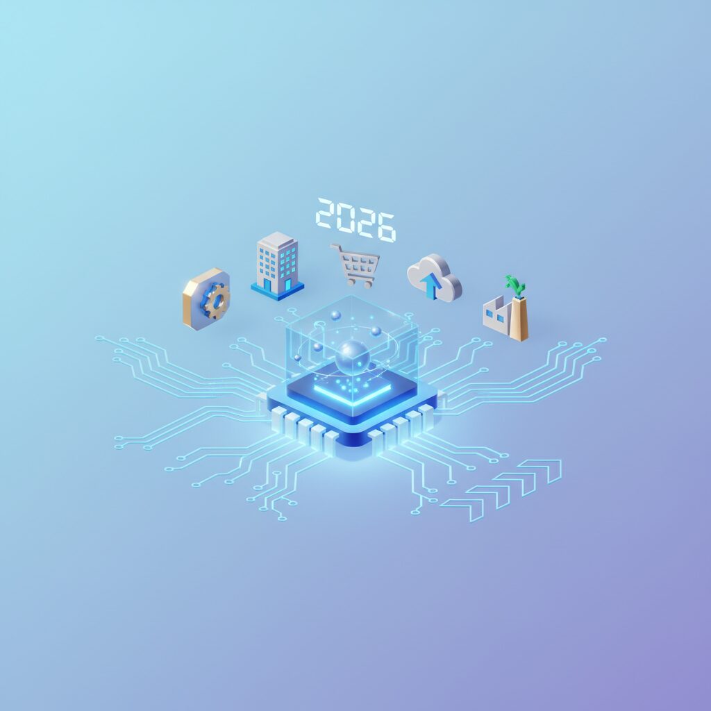 Abstract quantum processor in a modern office, glowing lines connecting to a tablet displaying business analytics, representing innovation for SMBs.