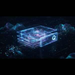 Futuristic solid-state drive glowing with quantum energy, surrounded by abstract data streams in a server environment.