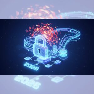 Small business owners looking at a futuristic, secure digital interface displaying cryptographic symbols, representing data protection against quantum threats.
