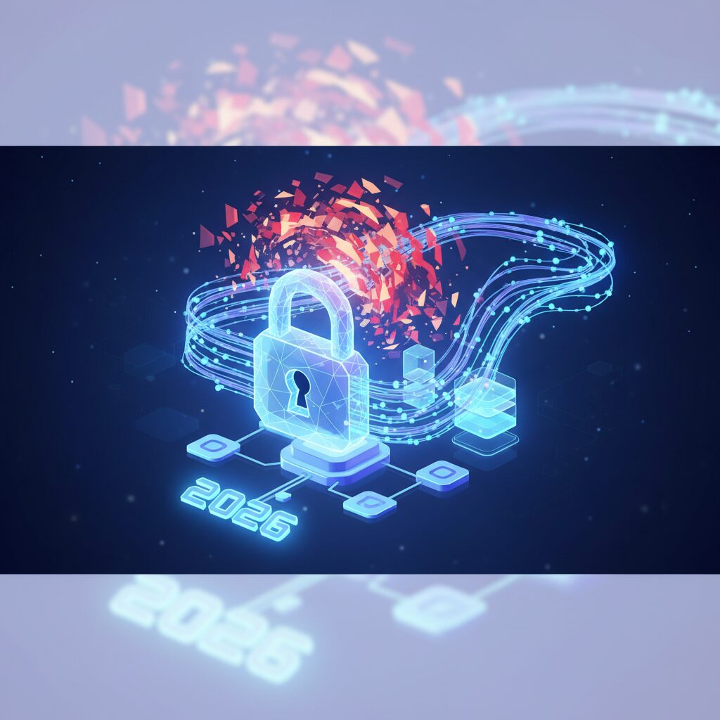 Small business owners looking at a futuristic, secure digital interface displaying cryptographic symbols, representing data protection against quantum threats.