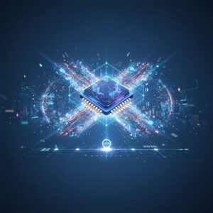 Close-up of a sleek, futuristic QuantumDrive X Series processor chip with intricate circuitry and glowing blue accents on a dark, reflective surface, suggesting power and advanced technology.