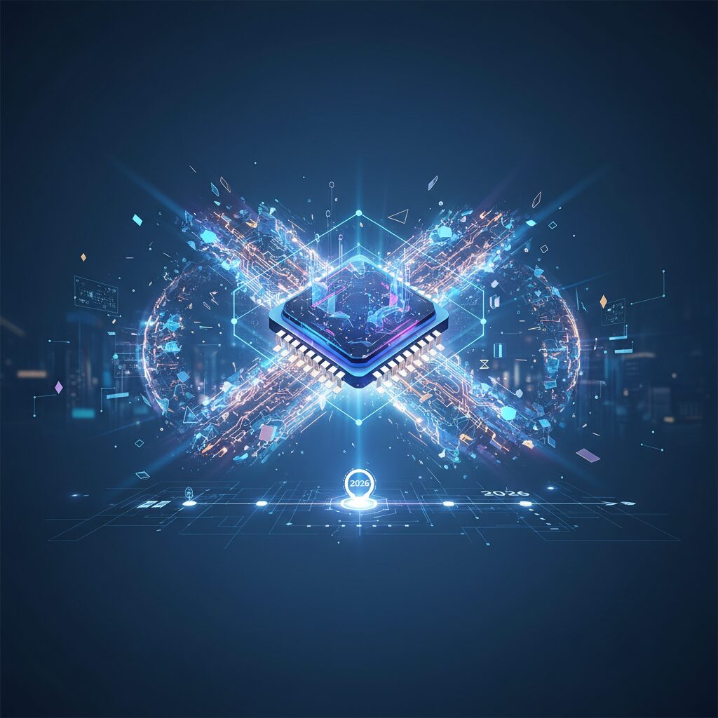 Close-up of a sleek, futuristic QuantumDrive X Series processor chip with intricate circuitry and glowing blue accents on a dark, reflective surface, suggesting power and advanced technology.