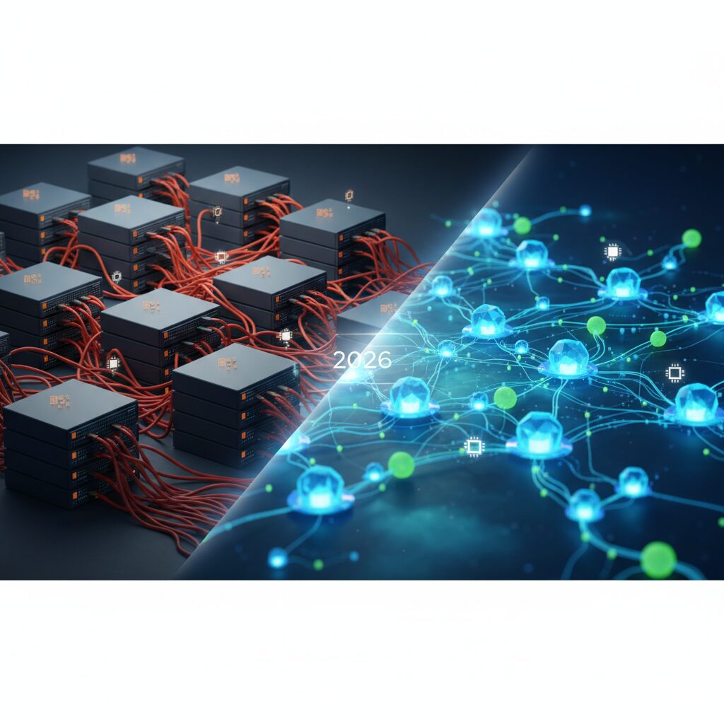 A futuristic digital landscape showcasing interconnected cloud nodes and efficient data streams, symbolizing serverless computing optimization for 2026.