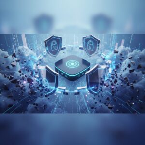 A sleek, modern smart home interior featuring glowing holographic security interfaces, integrated cameras, and biometric access points, representing advanced protection in 2026.