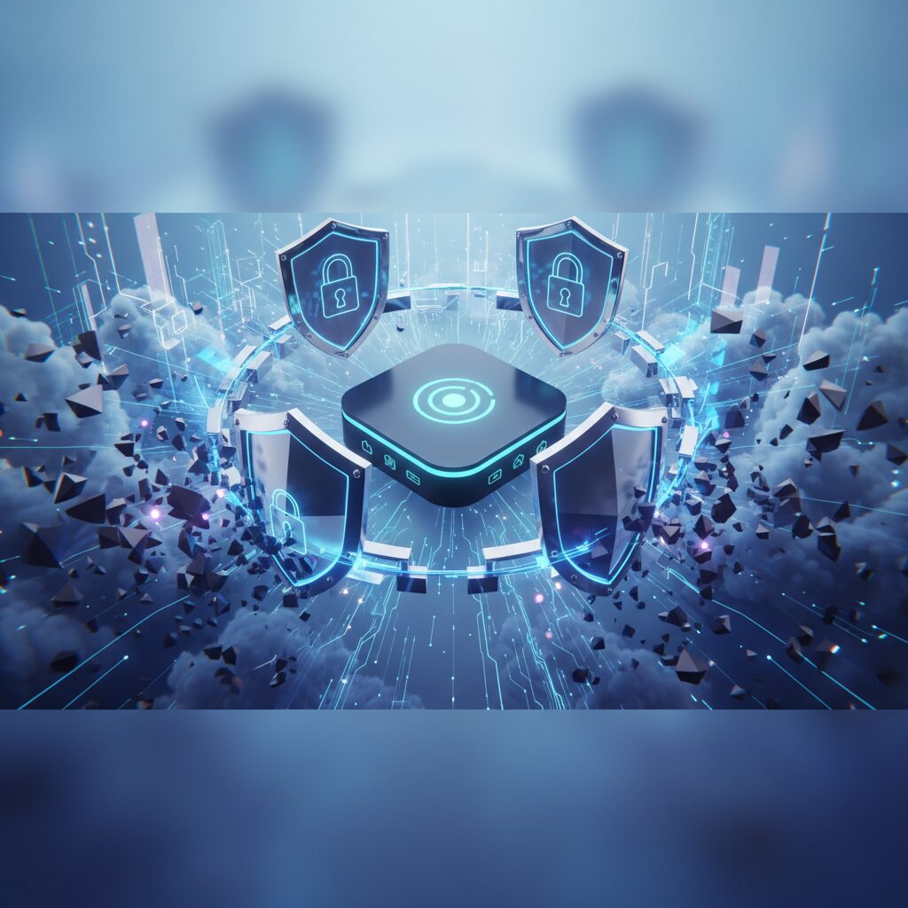 A sleek, modern smart home interior featuring glowing holographic security interfaces, integrated cameras, and biometric access points, representing advanced protection in 2026.