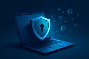 A selection of sleek electronic devices with digital security symbols