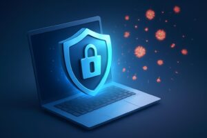 Various antivirus software interfaces displayed on modern laptops