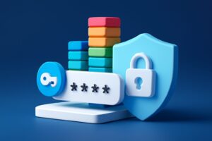 A futuristic digital lock symbol glowing on a sleek blue background