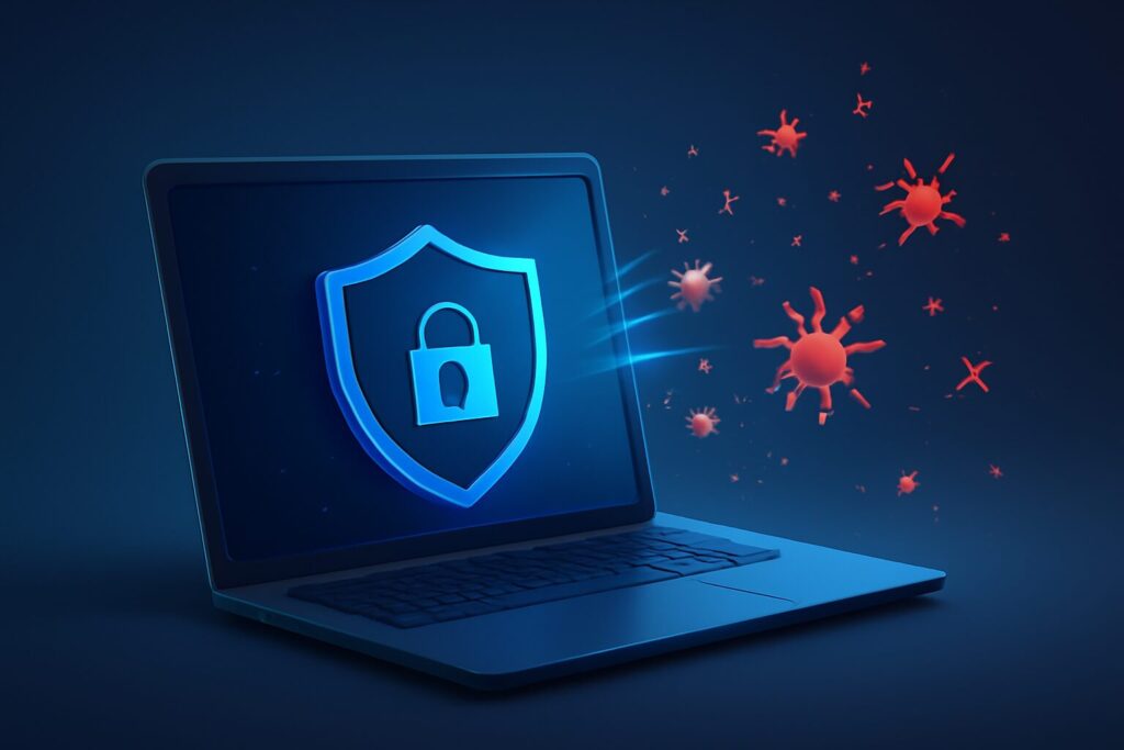 A sleek laptop displaying antivirus software interface with modern icons