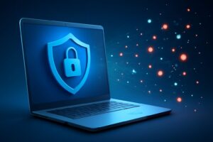 A digital shield icon protecting a computer screen displaying antivirus software