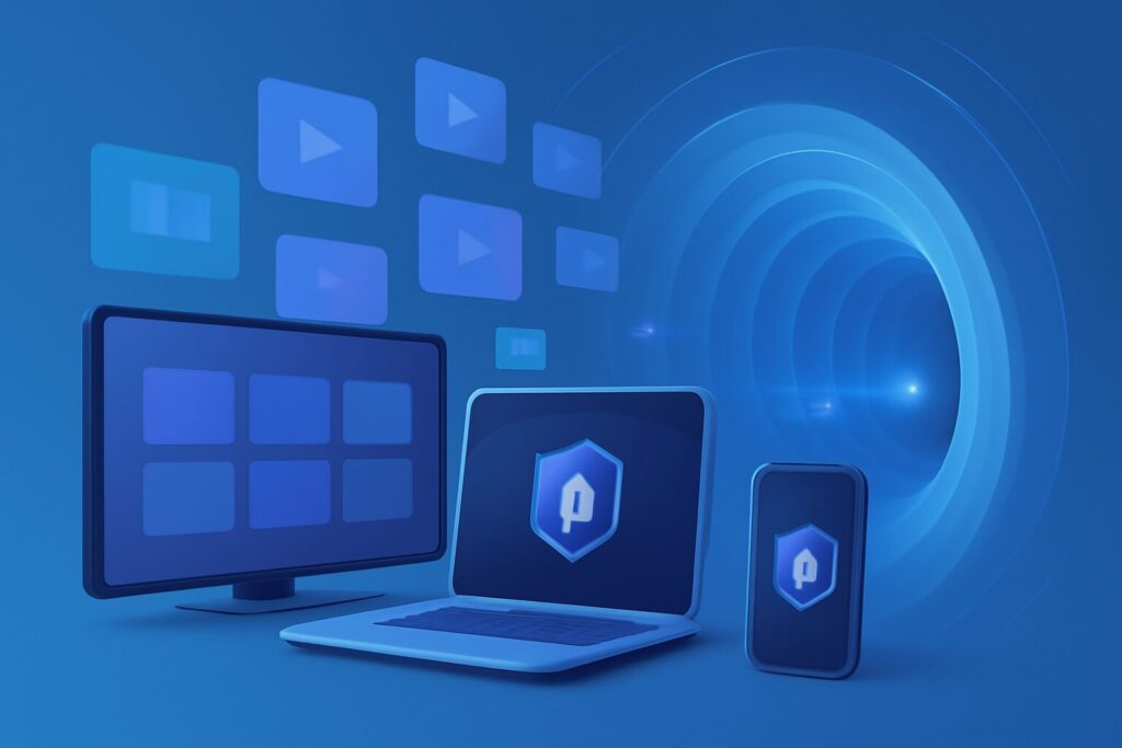 Laptop displaying VPN security features surrounded by abstract digital elements