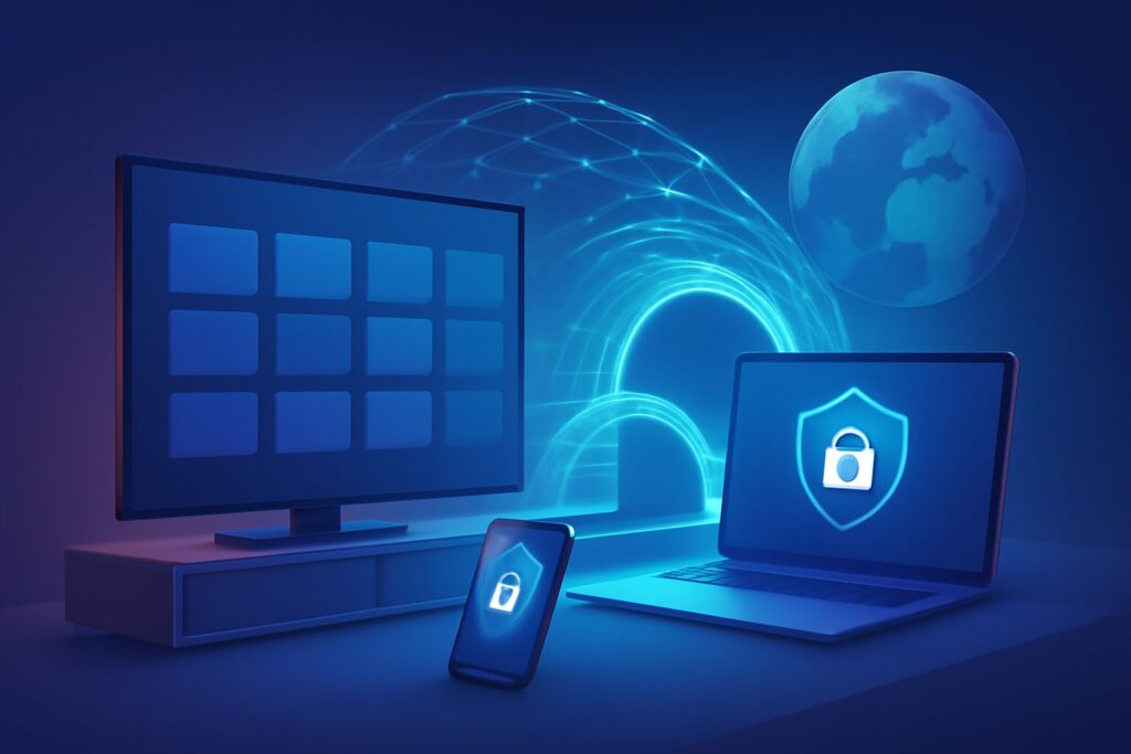 Excited person watching a global streaming service with VPN icons around