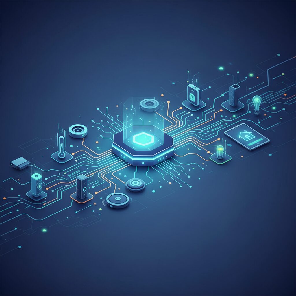 A futuristic smart home hub device on a modern counter, its screen displaying connected devices. Ambient lighting and subtle smart gadgets hint at an integrated ecosystem.