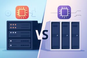 Computer server racks and digital cloud symbols
