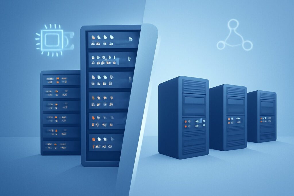 Digital illustration contrasting shared and VPS hosting with icons
