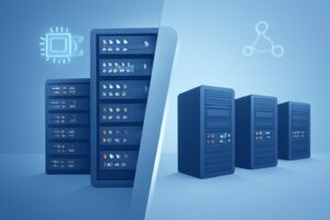 Digital illustration contrasting shared and VPS hosting with icons