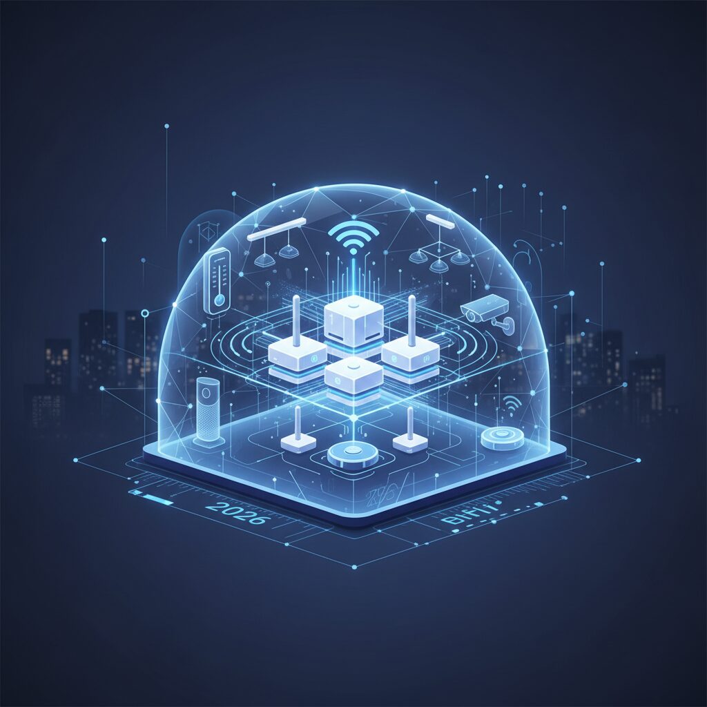 Sleek, modern Wi-Fi 7 mesh nodes seamlessly integrated into a contemporary smart home living room, offering ultra-fast, reliable connectivity.