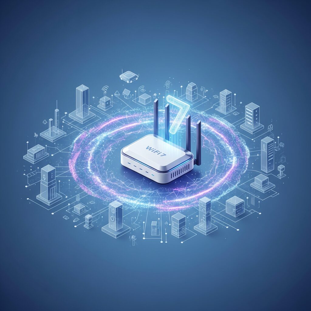 Sleek Wi-Fi 7 router on a modern desk, surrounded by devices experiencing ultra-fast connectivity. Digital data streams visualize high performance.