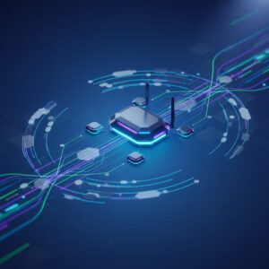 Sleek, futuristic Wi-Fi 7 mesh router units glowing with soft blue light, connected wirelessly across a modern smart home environment with digital interfaces.