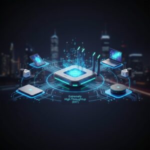 Sleek, futuristic WiFi 7 router emitting a blue glow, symbolizing fast, reliable EHT networking. Digital lines extend outwards, connecting devices in a modern smart home.