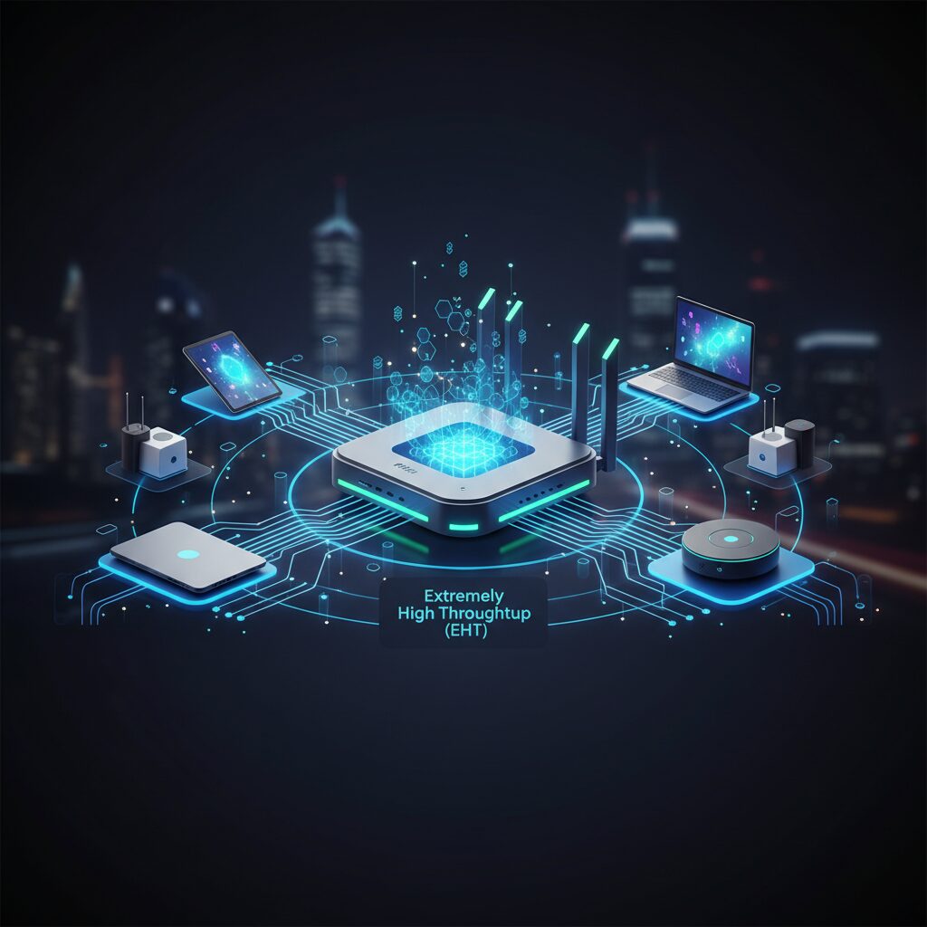 Sleek, futuristic WiFi 7 router emitting a blue glow, symbolizing fast, reliable EHT networking. Digital lines extend outwards, connecting devices in a modern smart home.
