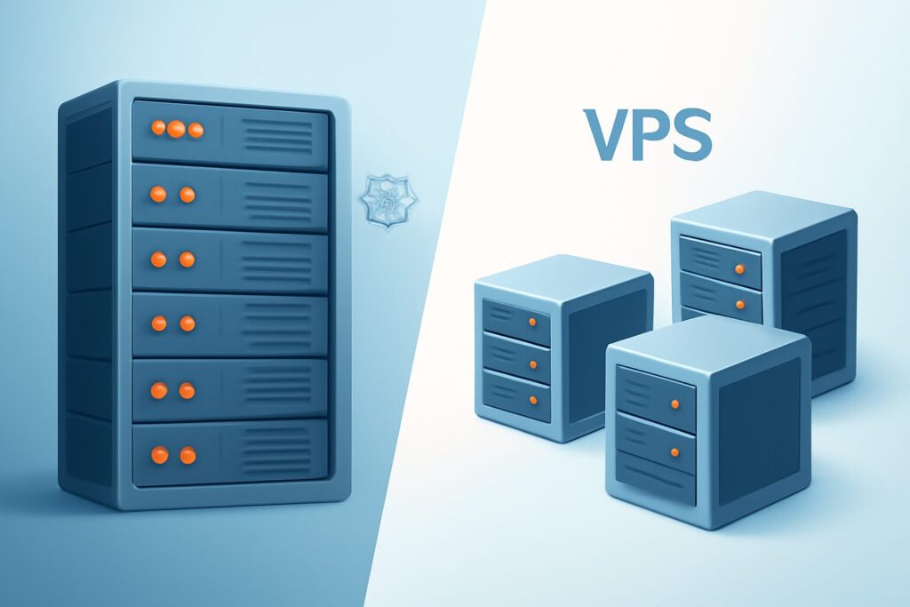 Futuristic server room with glowing digital interfaces indicating hosting choices