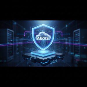 A modern, secure data center with glowing blue and green security indicators, representing advanced cloud infrastructure protecting digital assets. Abstract network connections flow through the scene.
