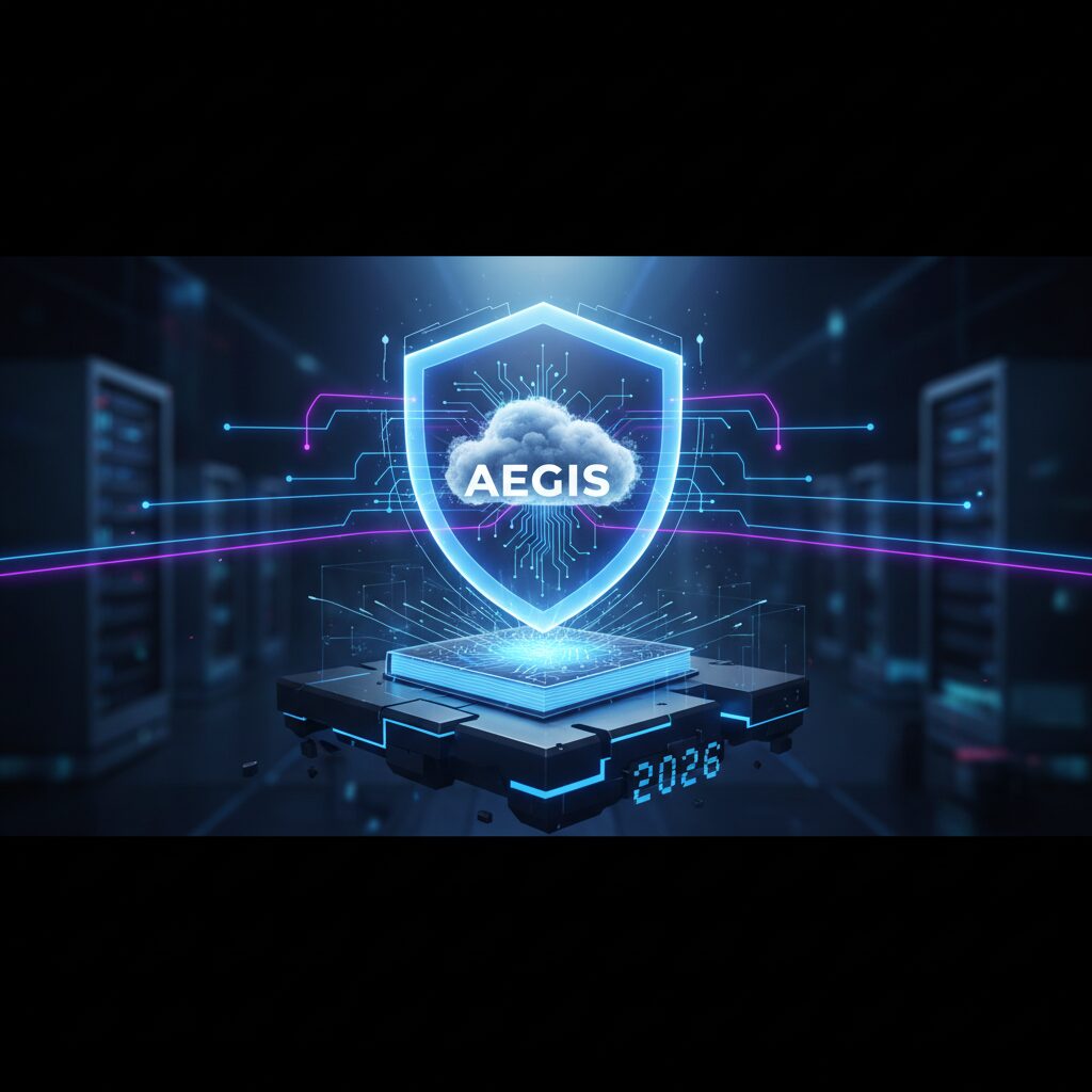 A modern, secure data center with glowing blue and green security indicators, representing advanced cloud infrastructure protecting digital assets. Abstract network connections flow through the scene.