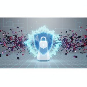 A glowing, futuristic shield icon protecting a diverse family using various smart devices at home, with subtle AI circuitry patterns overlaying the scene.